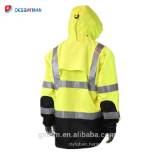 Heavy Duty Rip Stop Waterproof Workers 3M Reflective Raincoat Jacket With Hoods And Back Cap And Elastic Cuffs